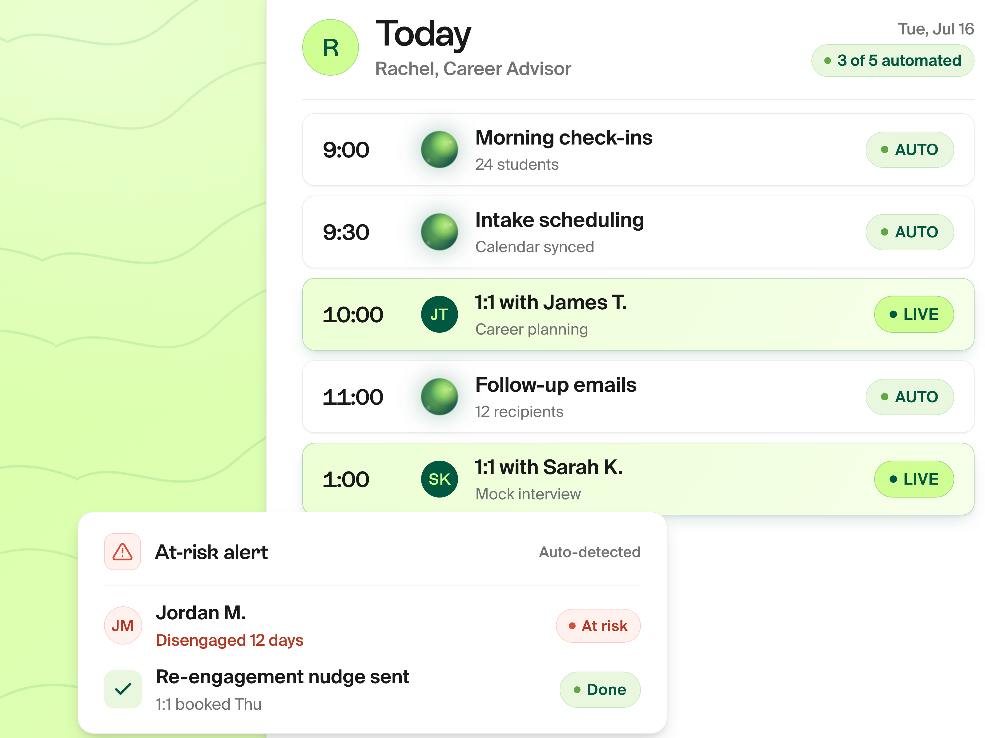 Centralized student dashboard with filters, metrics, and engagement scores