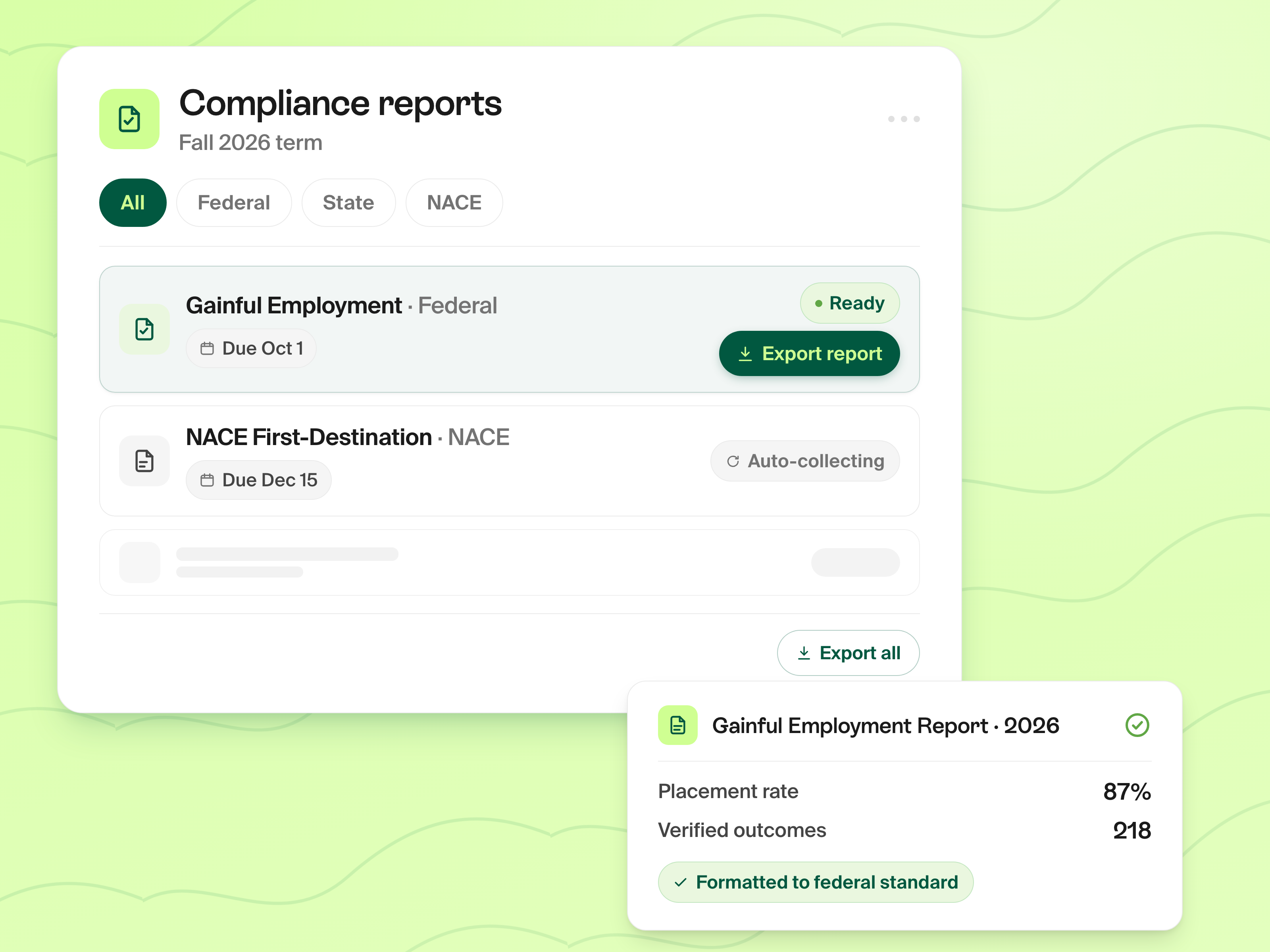 Outcome dashboards with NACE-compliant reporting and CSV exports
