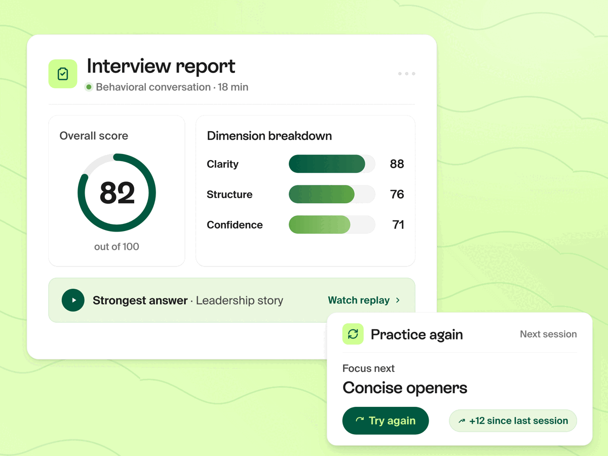 Interview performance report showing 95% score with detailed feedback