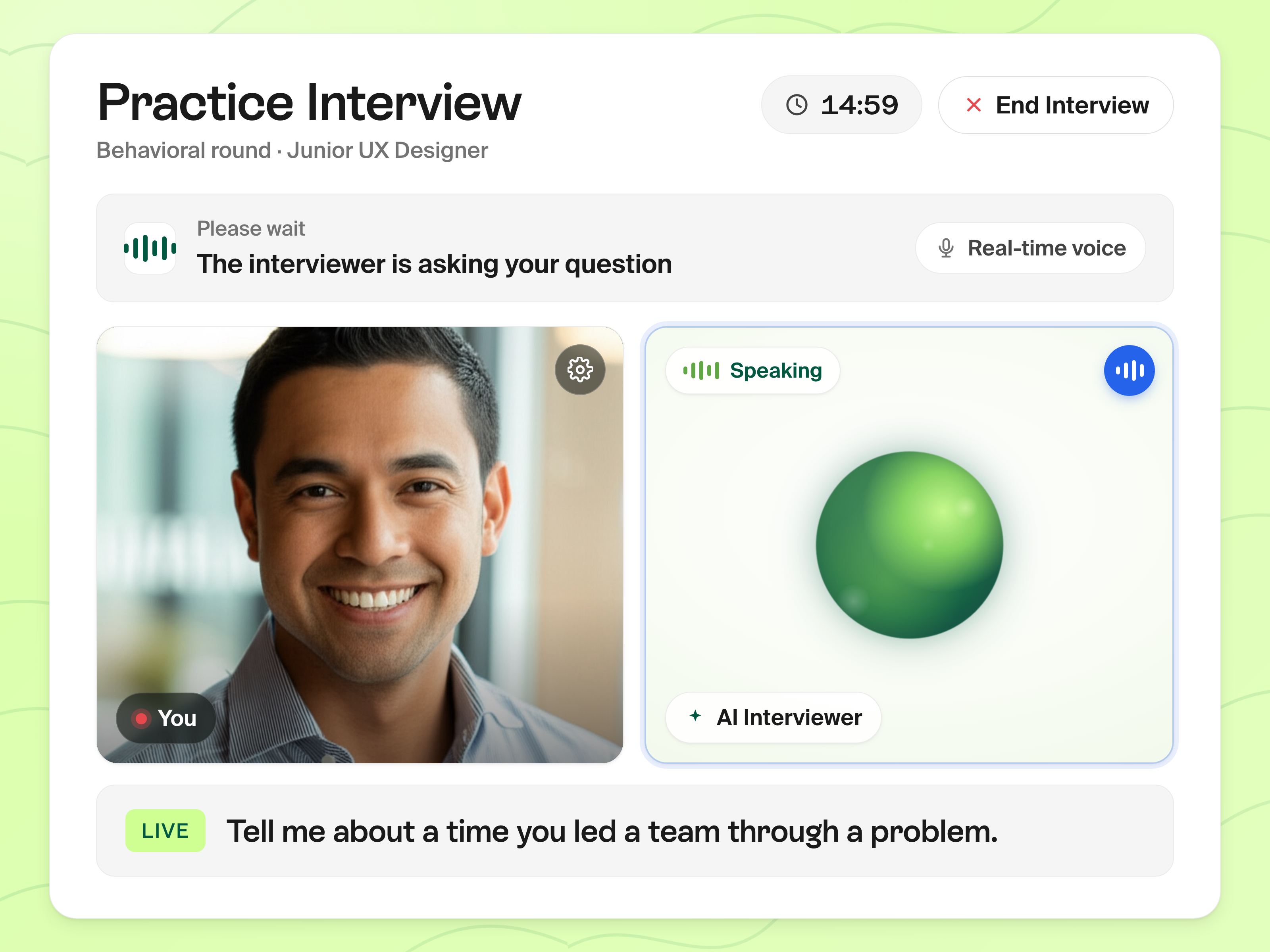 AI Mock Interview session with voice-based practice and feedback