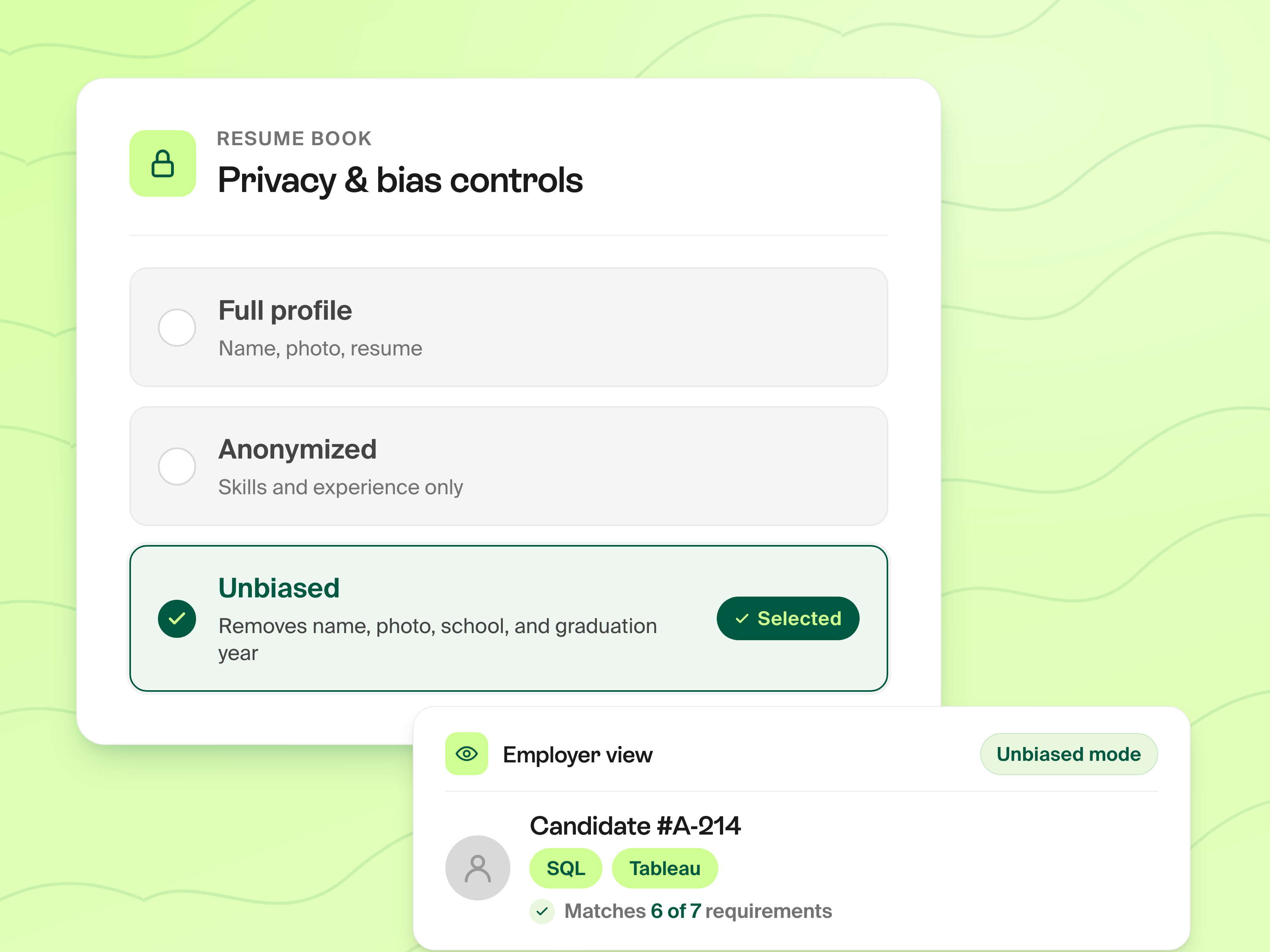 Talent Links interface showing curated student profiles ready to share with employers