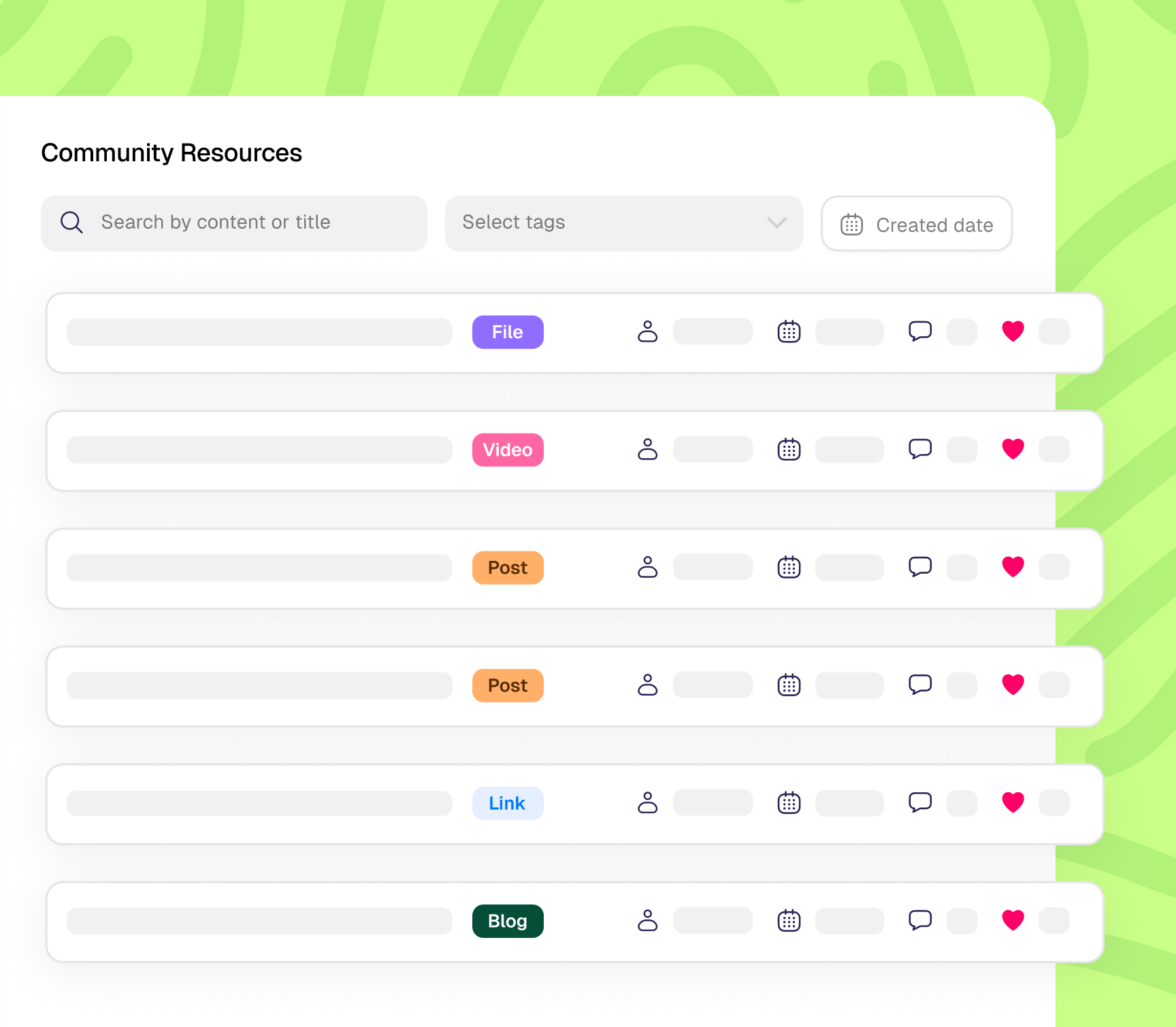 Resource library showing documents, videos, and community-contributed content